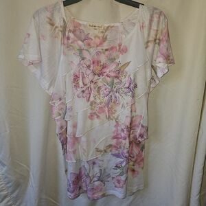 Indigo Soul Women's Pink Floral Ruffle Short Sleeve Top